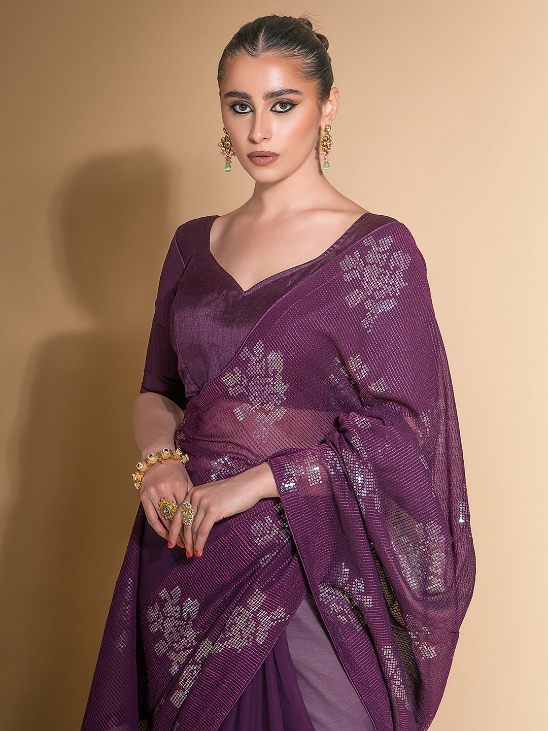 

Sangria Magaenta Embellished Sequined Pure Georgette Saree, Magenta