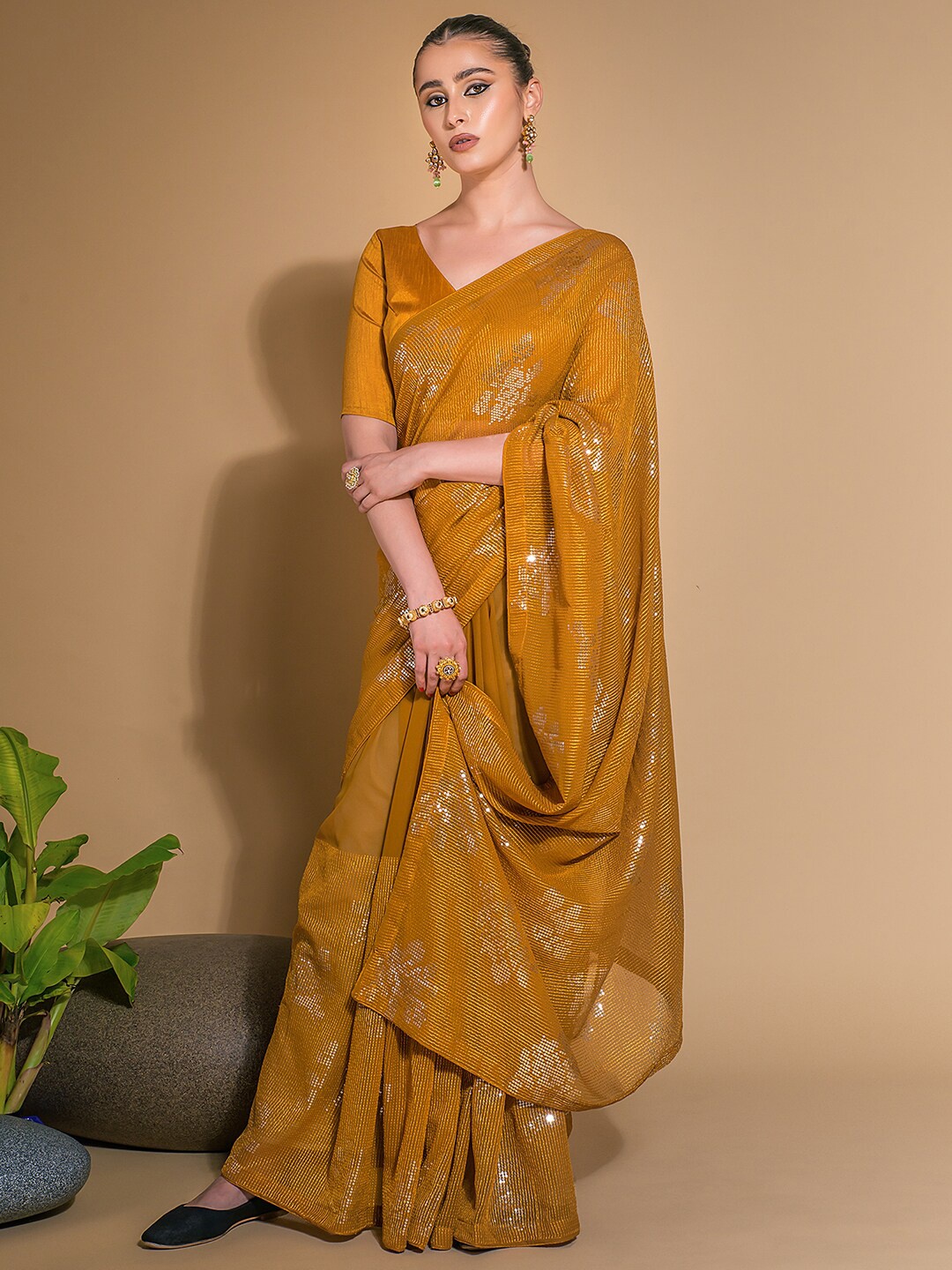 

Sangria Mustard Yellow Embellished Sequinned Pure Georgette Saree