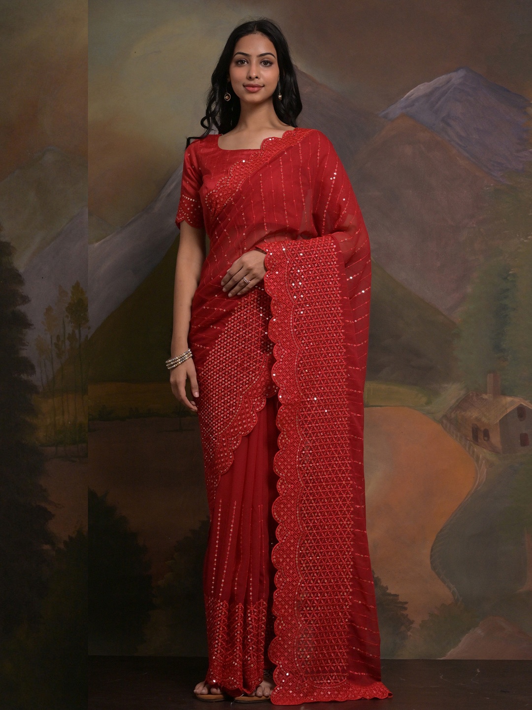 

Sangria Sequinned Embellished Saree, Red