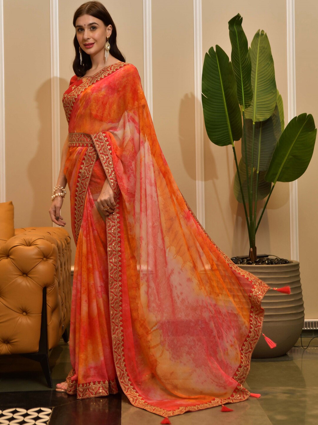

Sangria Dyed Embellished Embroidered Saree, Orange