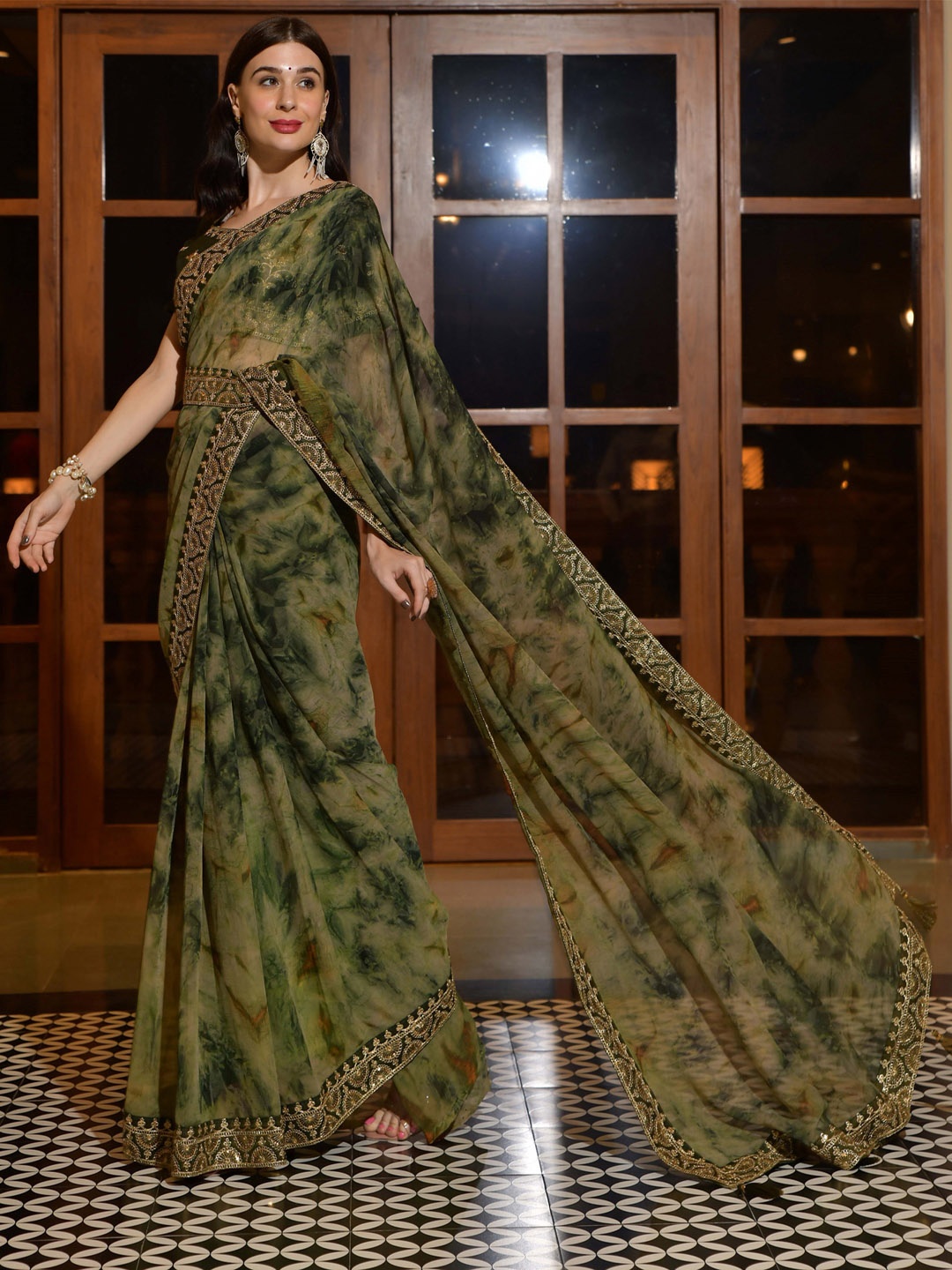 

Sangria Olive Green Tie & Dye Embroidered Pure Chiffon Saree