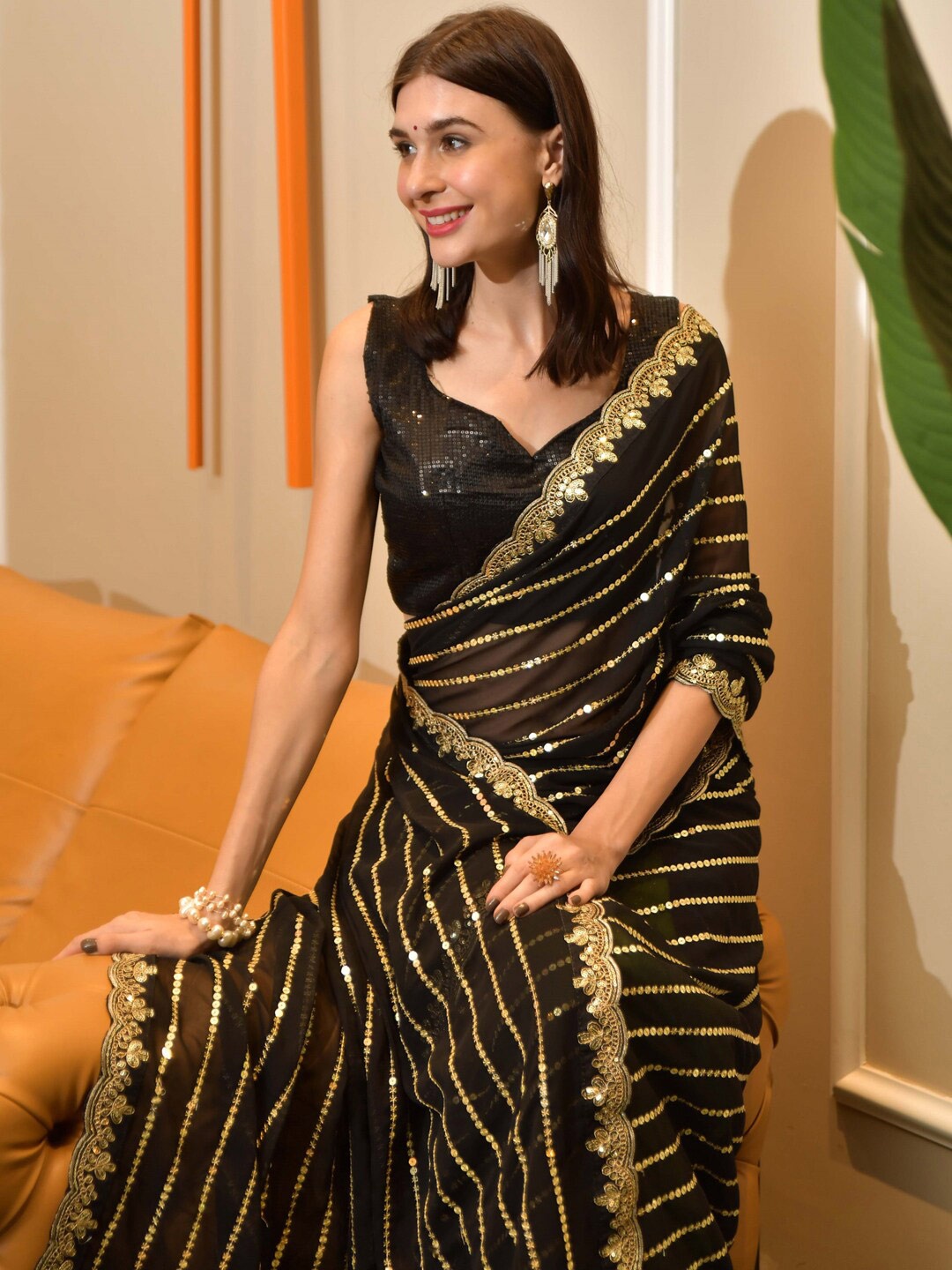 

Sangria Striped Embellished Sequinned Saree, Black