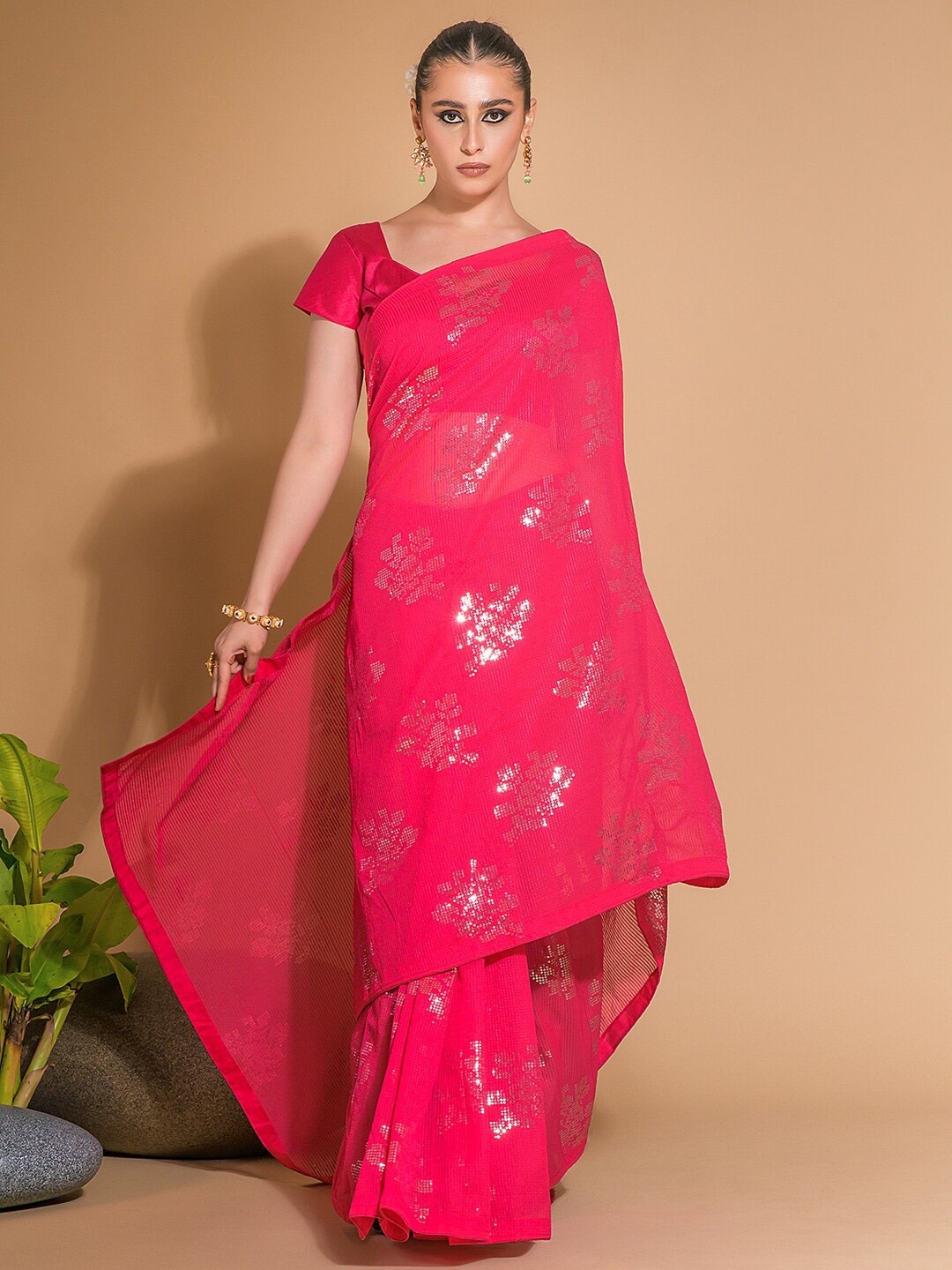 

Sangria Pink Embellished Sequinned Pure Georgette Saree