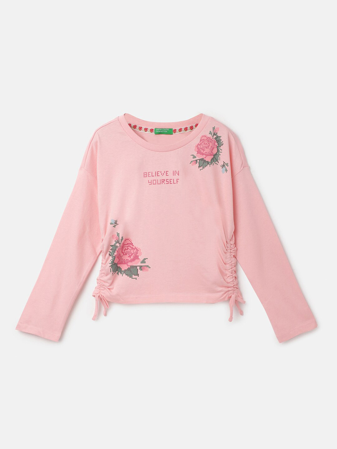 

United Colors of Benetton Girls Floral Printed Ruched Cotton Top, Pink