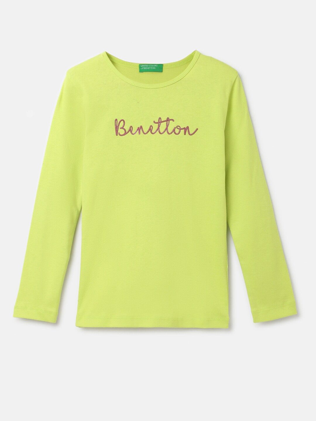 

United Colors of Benetton Girls Typography Printed Pure Cotton T-shirt, Green