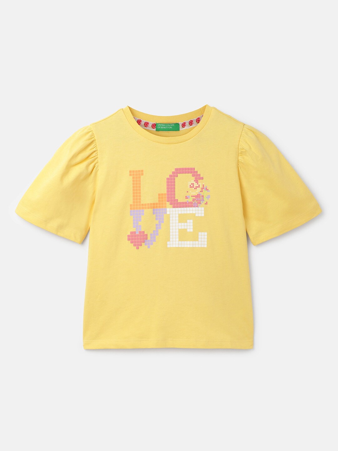 

United Colors of Benetton Girls Typography Printed Pure Cotton T-shirt, Yellow