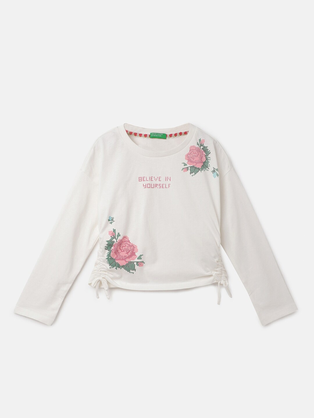 

United Colors of Benetton Girls Floral Printed Ruched Cotton Top, White