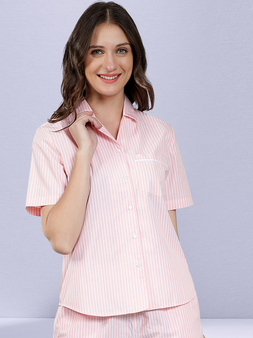 

NUEVOSDAMAS Striped Shirt Collar Night suit, Pink