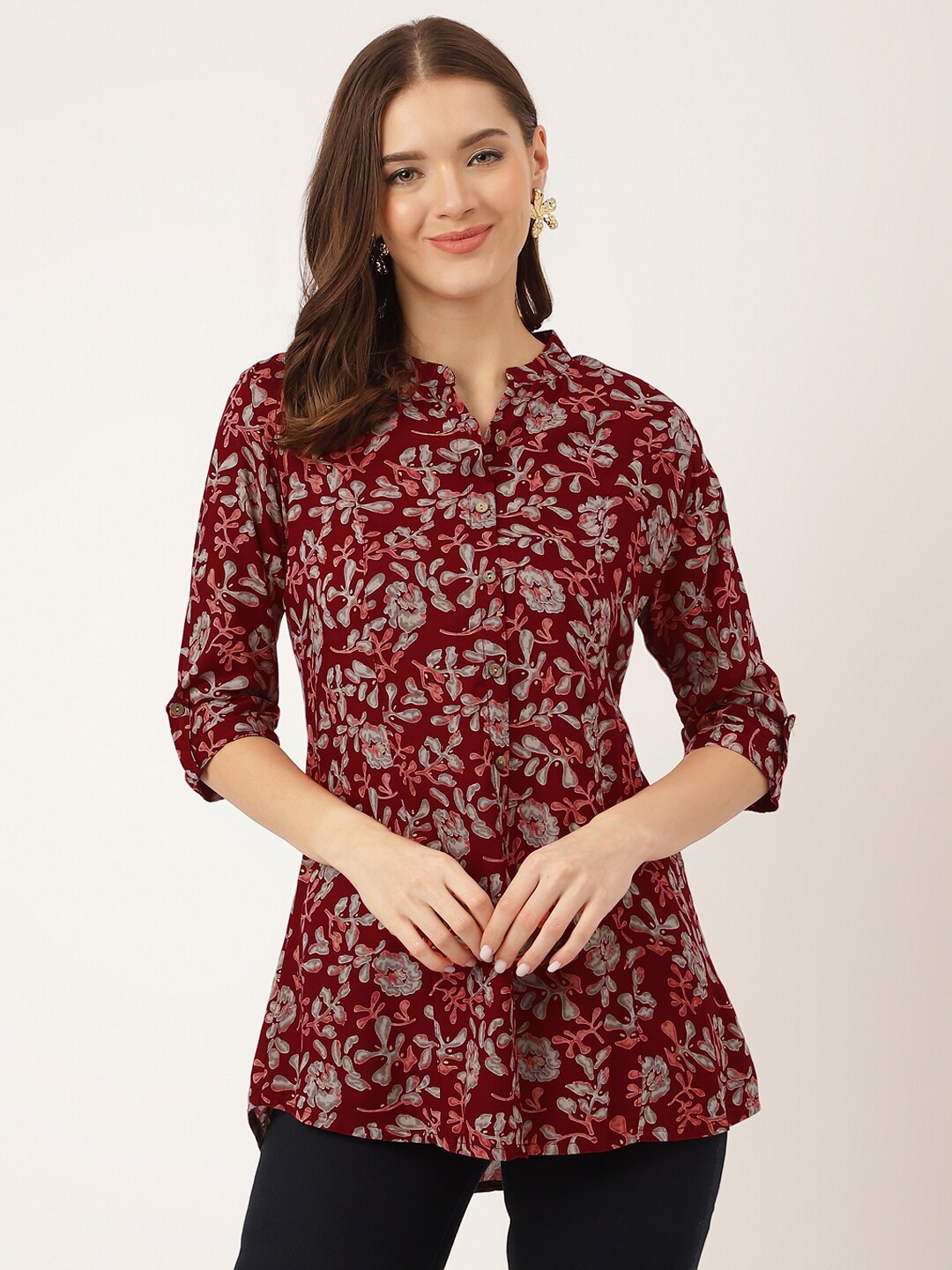 

Divena Floral Printed Mandarin Collar Roll-Up Sleeves Shirt Style Top, Maroon