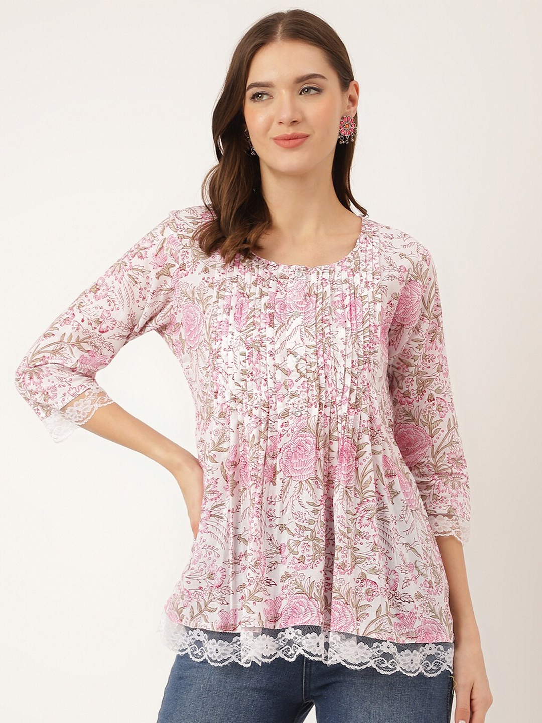 

Divena Floral Printed Cotton Top, Pink
