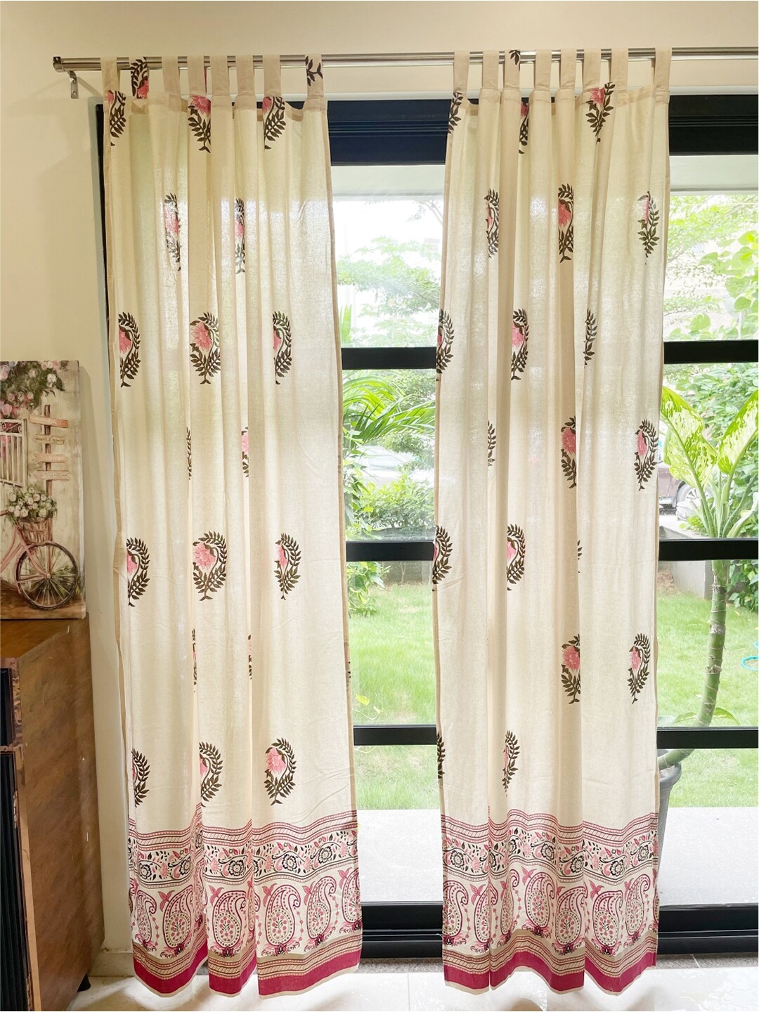 

URBAN SPACE Pink & White 2 Pieces Ethnic Motifs Cotton Door Curtains