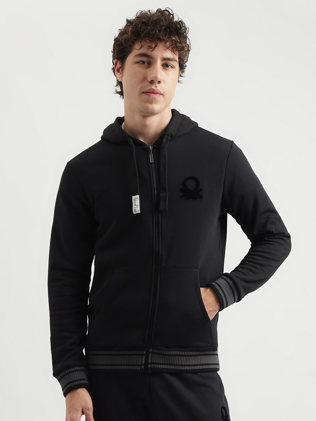 

United Colors of Benetton Hooded Long Sleeve Front-Open Sweatshirt, Black