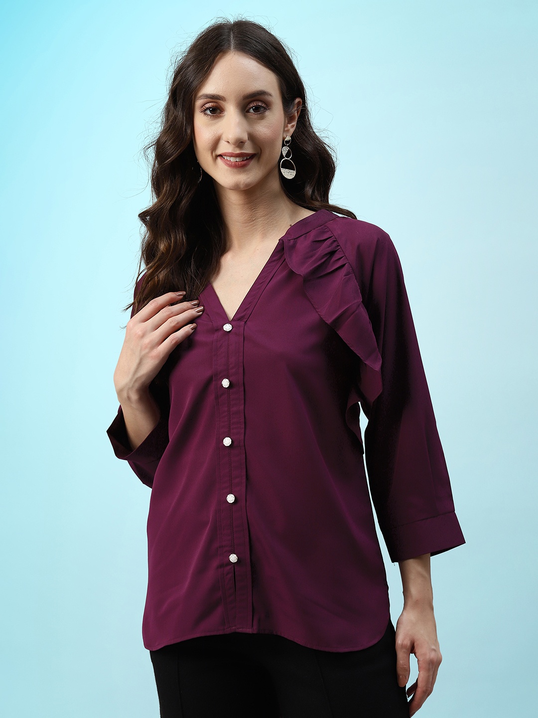 

Sangria Mandarin Collar Cuffed Sleeves Ruffled Shirt Style Top, Burgundy