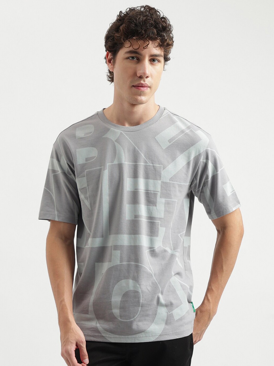 

United Colors of Benetton Typography Printed Round Neck Boxy Cotton T-shirt, Grey
