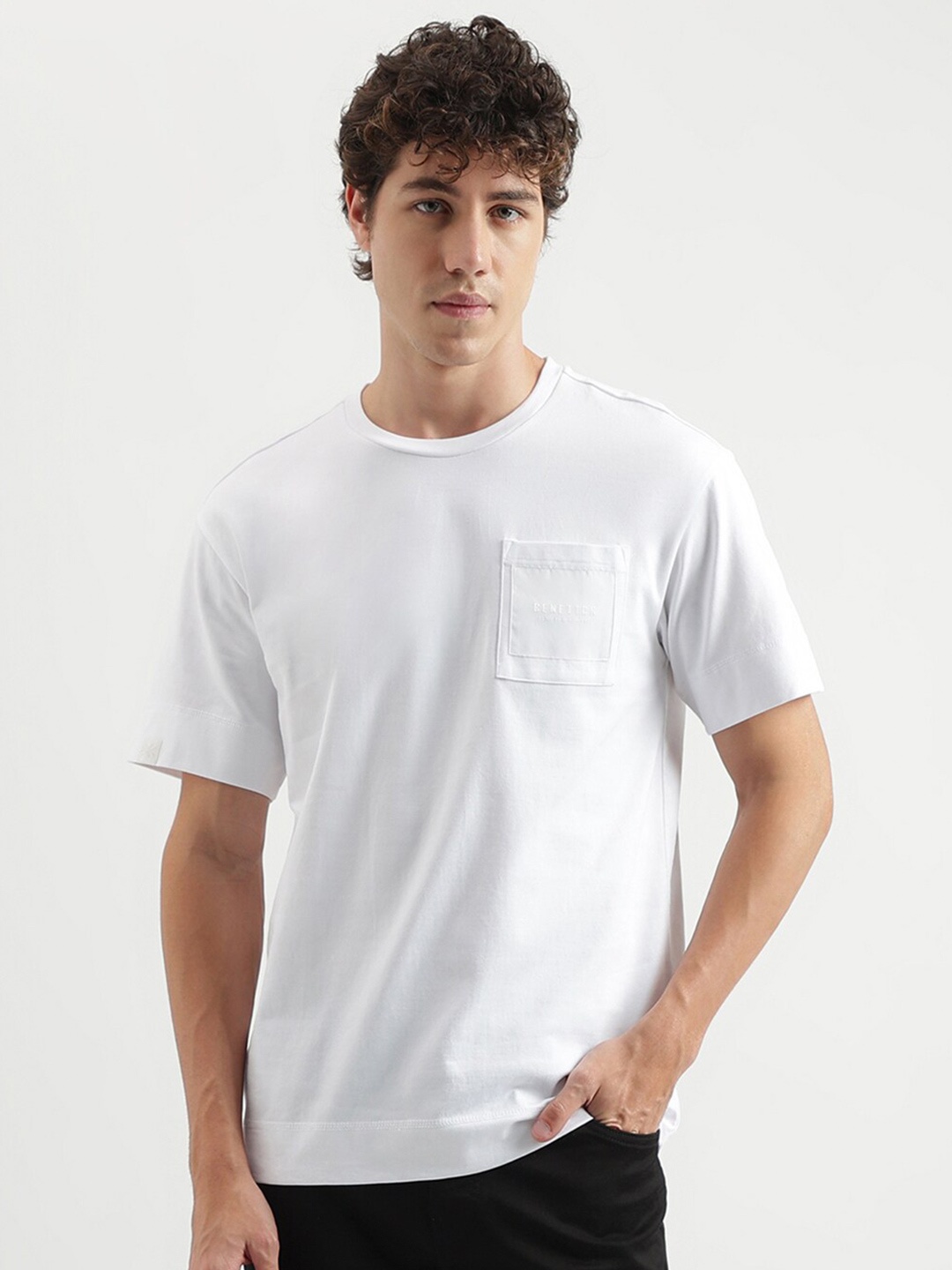 

United Colors of Benetton Round Neck Pockets Pure Cotton Boxy T-shirt, White