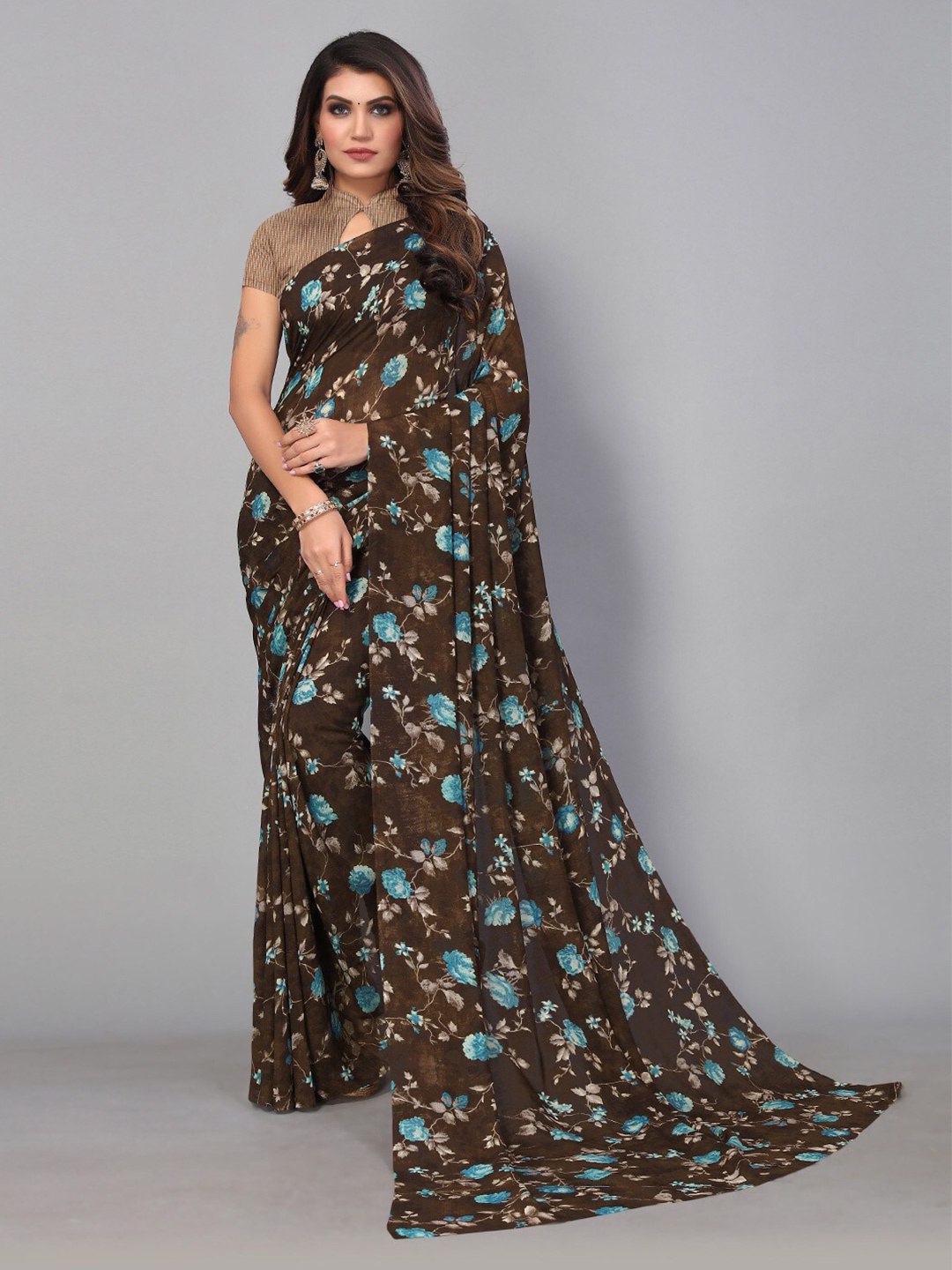 

KALINI Floral Printed Pure Georgette Saree, Brown