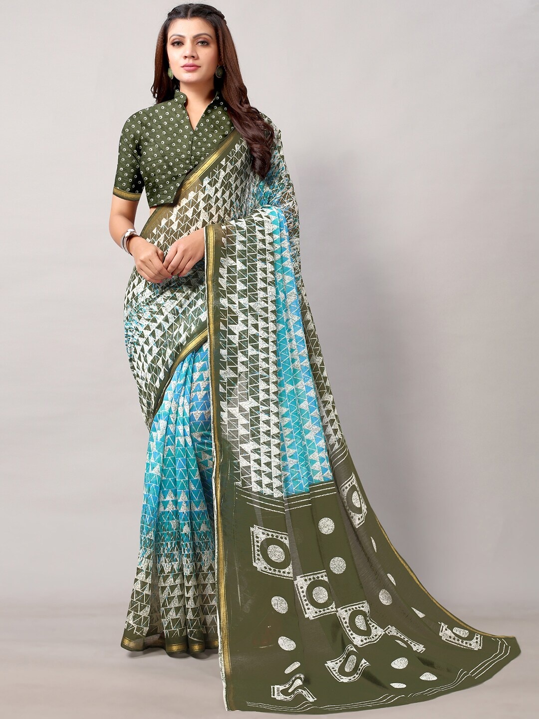 

KALINI Geometric Printed Zari Saree, Olive