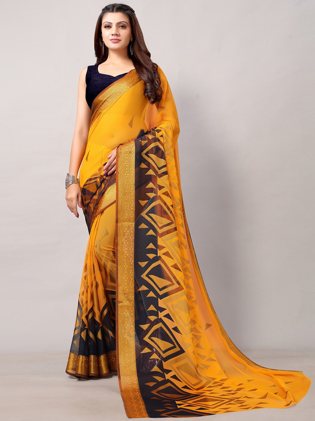 

KALINI Geometric Printed Pure Chiffon Block Print Saree, Yellow