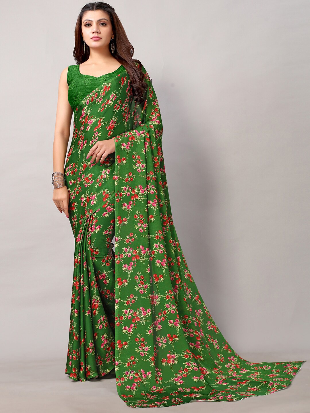 

KALINI Floral Printed Satin Saree, Green