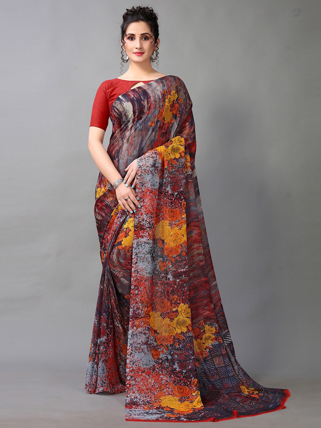 

KALINI Floral Pure Georgette Saree, Red