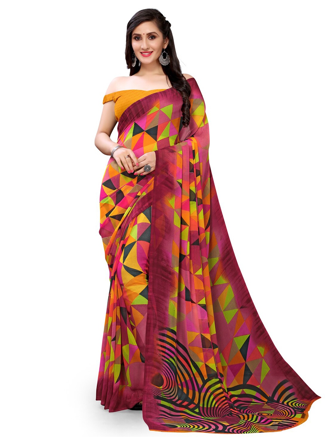 

KALINI Geometric Printed Pure Georgette Saree, Red