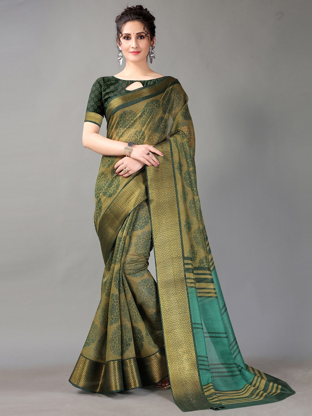 

KALINI Ethnic Motifs Printed Zari Saree, Green