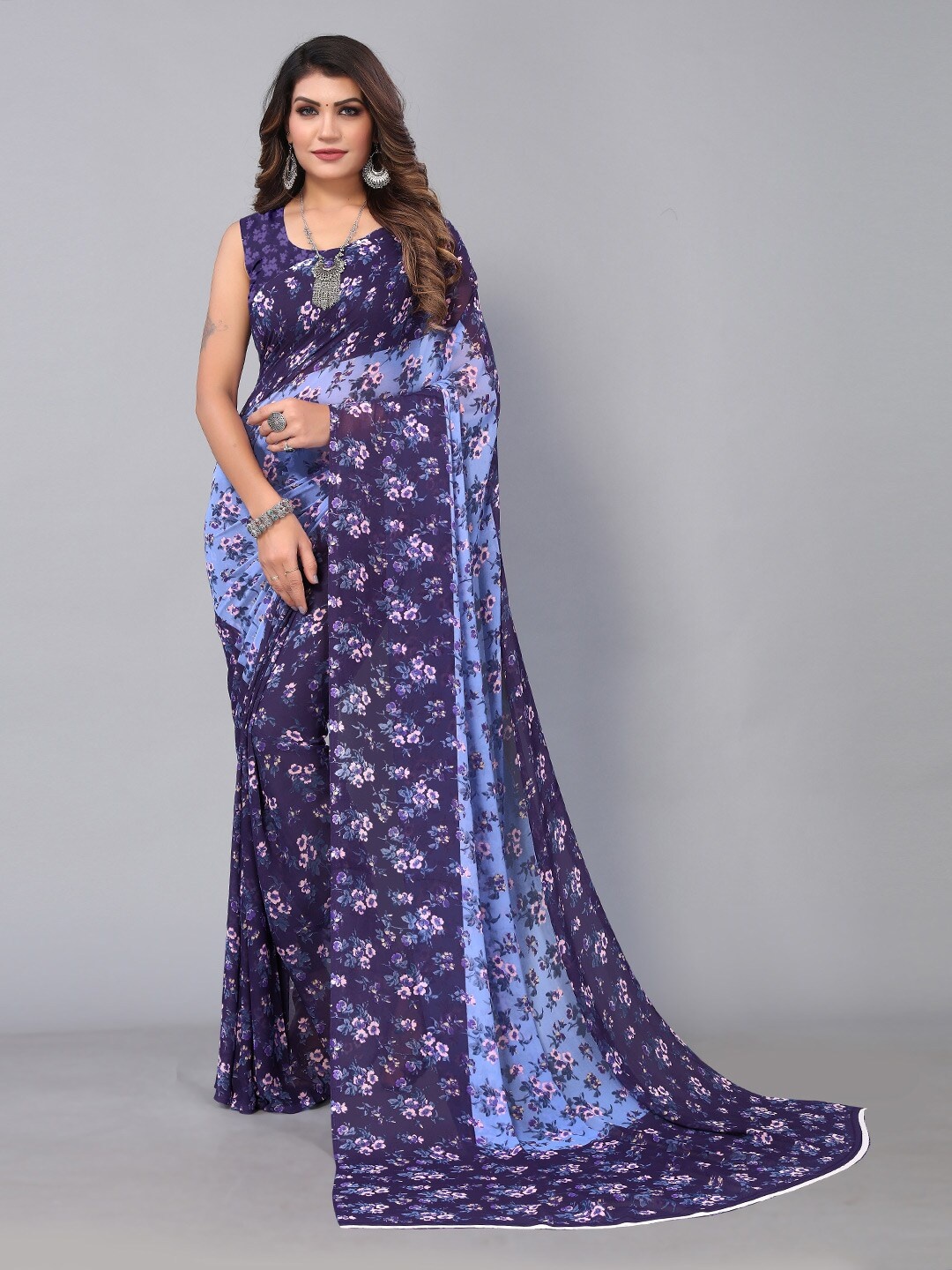 

KALINI Floral Block Printed Pure Georgette Saree, Navy blue