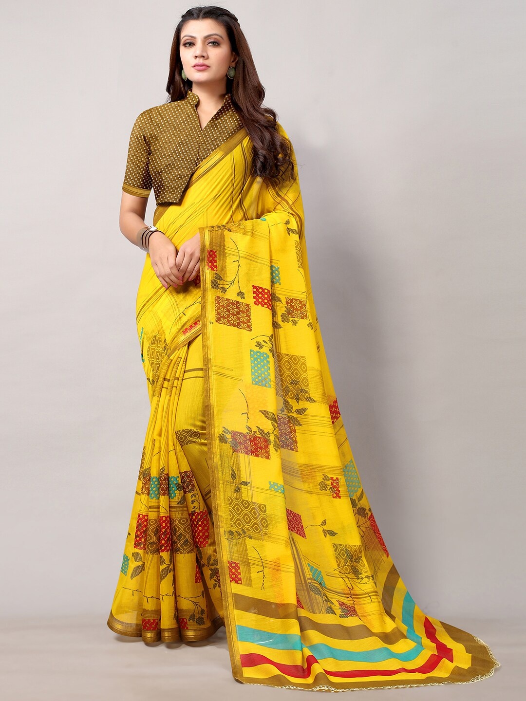 

KALINI Floral Printed Zari Saree, Mustard