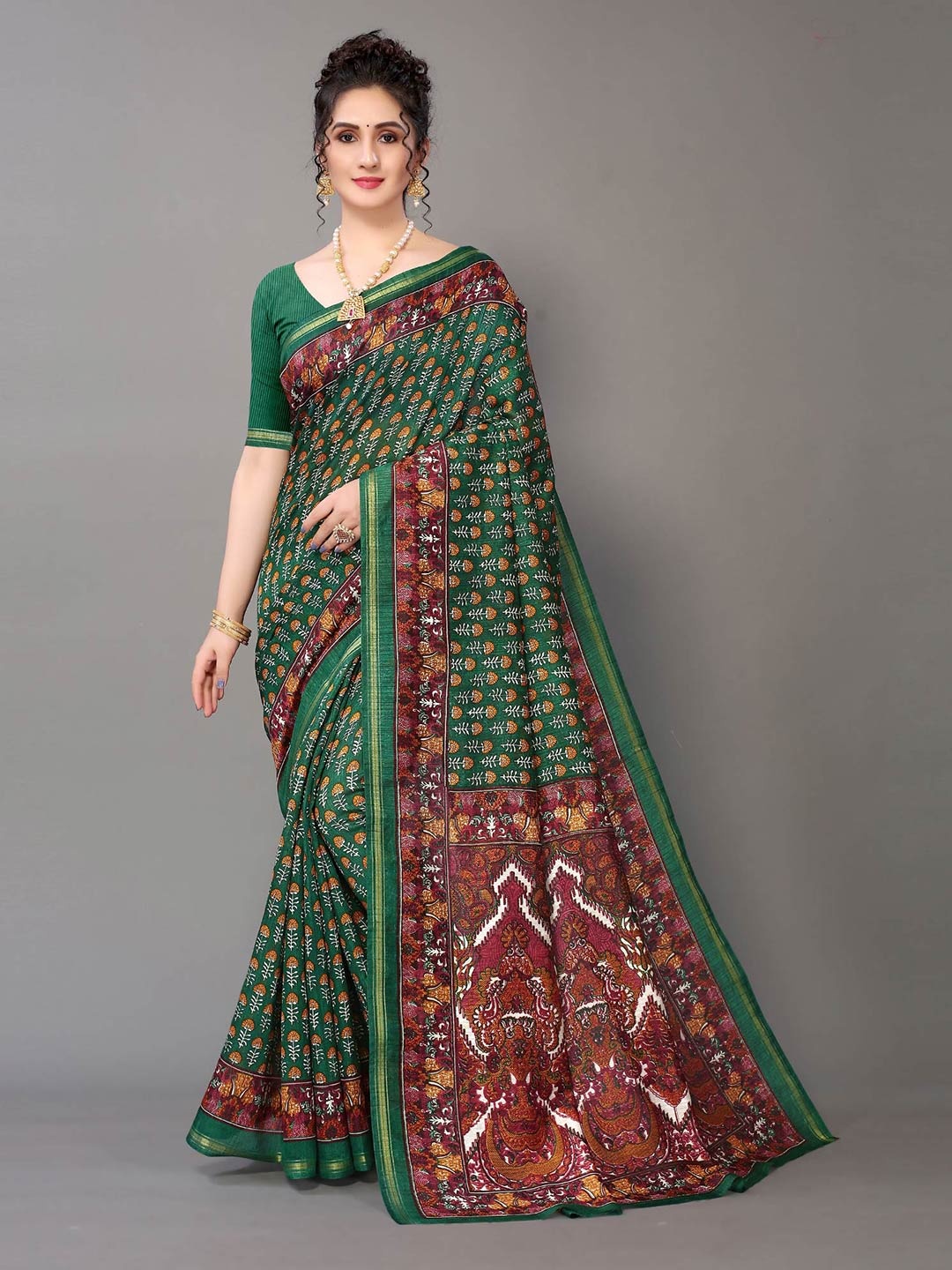 

KALINI Floral Printed Zari Saree, Green