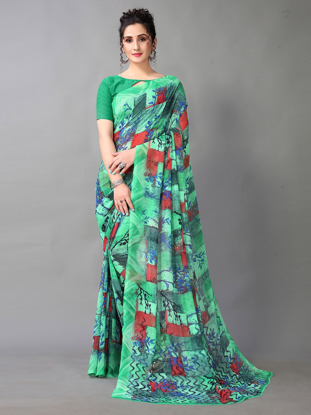 

KALINI Abstract Printed Pure Georgette Saree, Green