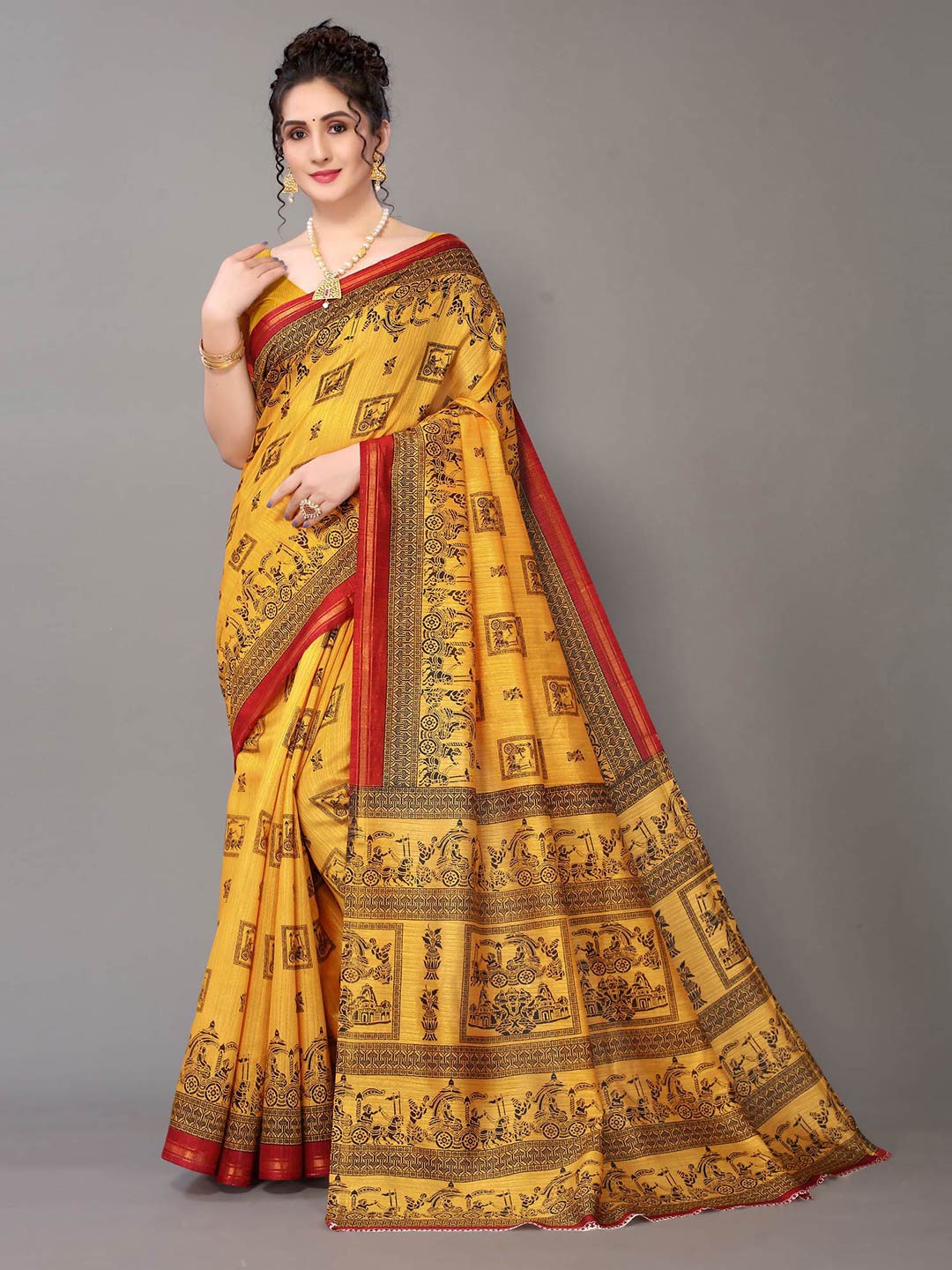 

KALINI Ethnic Motifs Printed Zari Art Silk Saree, Yellow