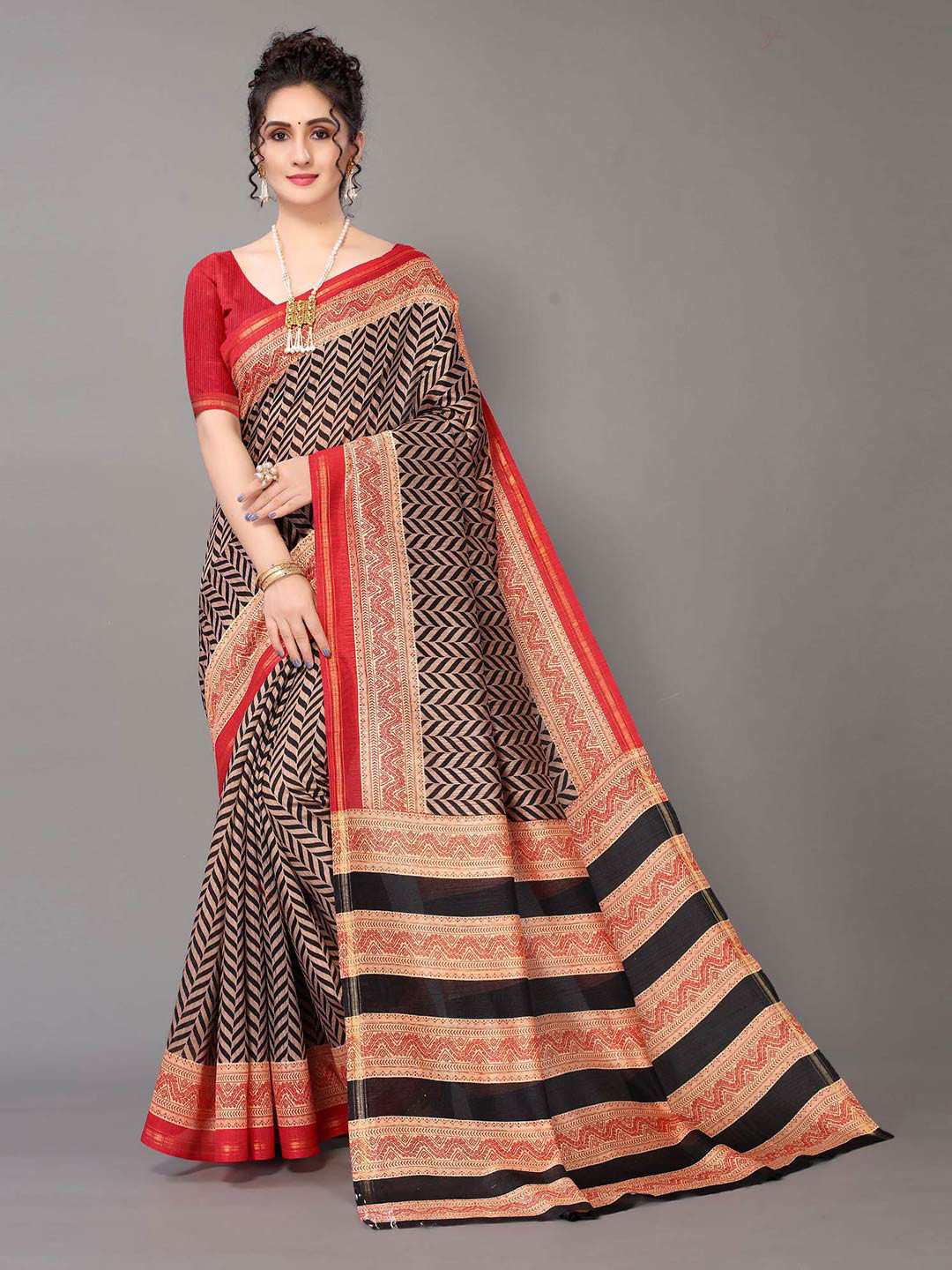 

KALINI Ethnic Motifs Printed Zari Art Silk Saree, Brown