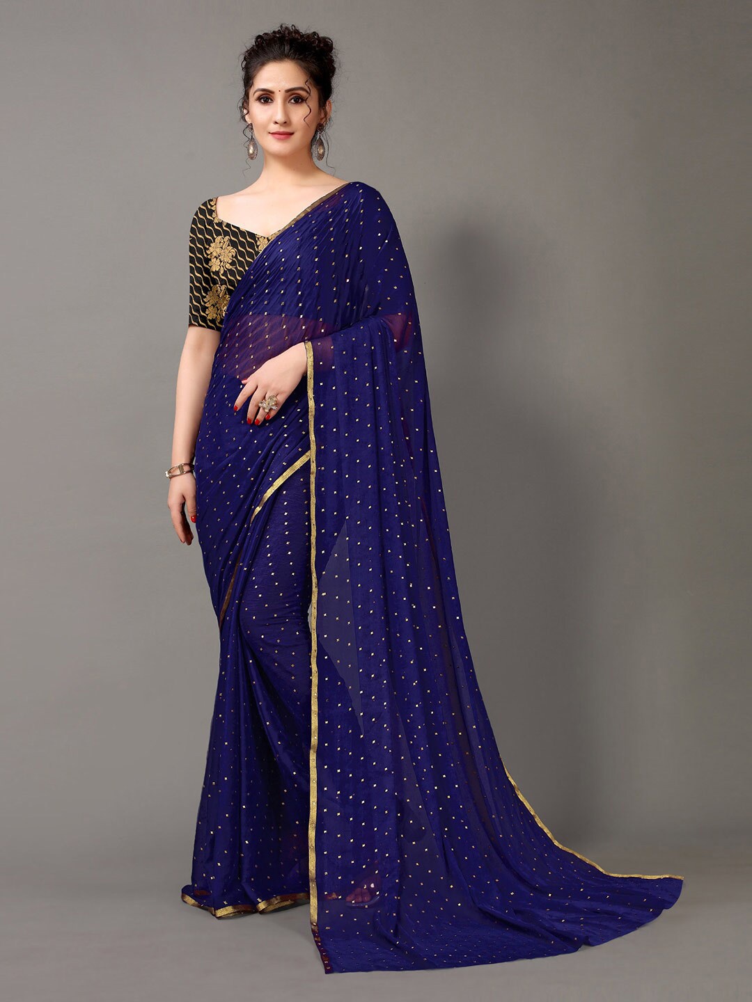 

KALINI Embellished Zari Saree, Navy blue