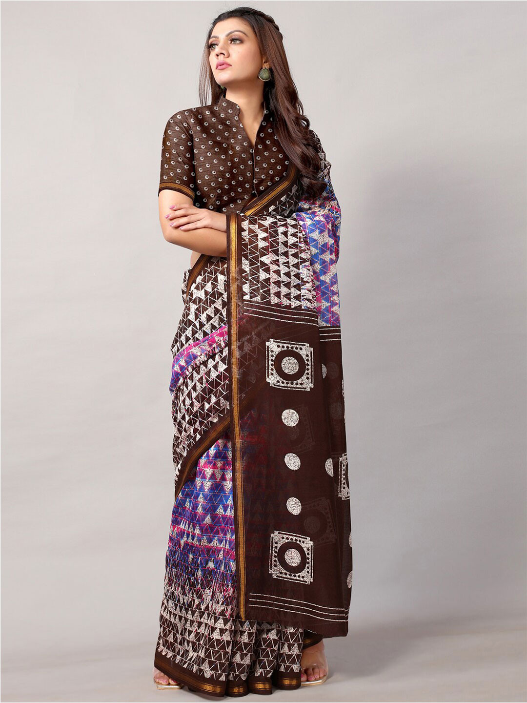 

KALINI Geometric Printed Zari Saree, Brown