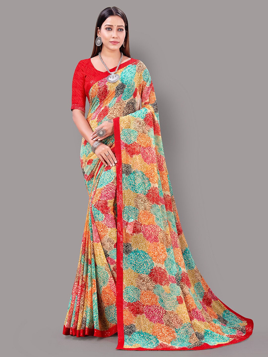 

KALINI Abstract Printed Pure Georgette Saree, Red