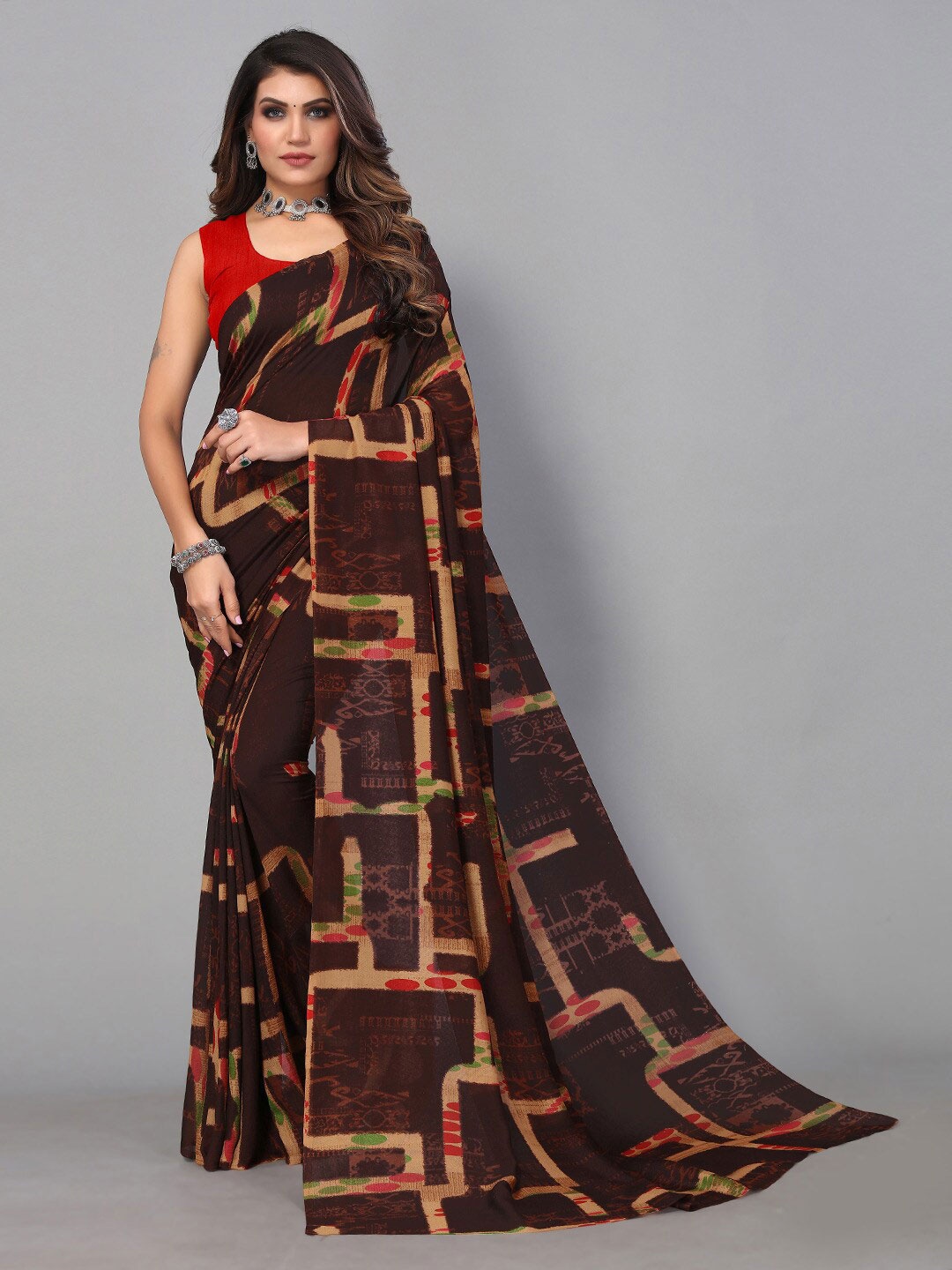 

KALINI Abstract Printed Pure Georgette Saree, Brown