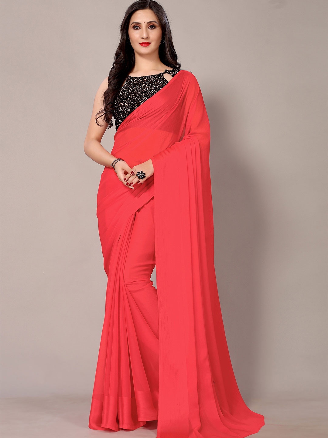 

KALINI Sequinned Pure Chiffon Saree, Pink