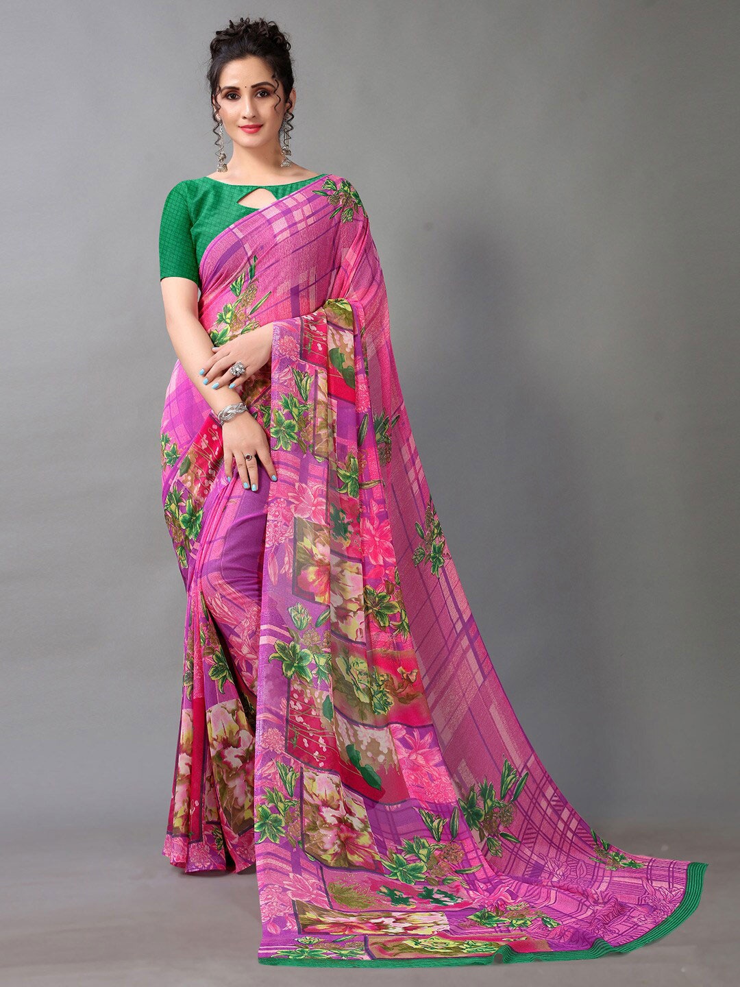 

KALINI Floral Printed Pure Georgette Saree, Pink