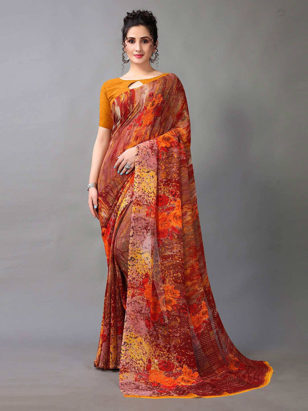 KALINI Floral Printed Pure Georgette Saree, Red