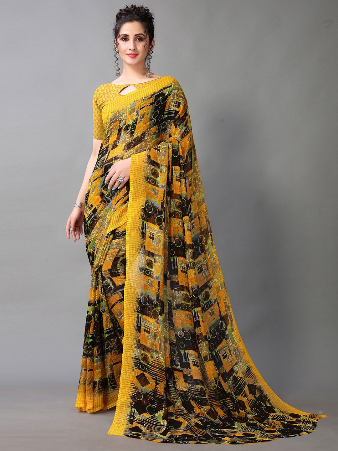 

KALINI Geometric Printed Pure Georgette Saree, Yellow