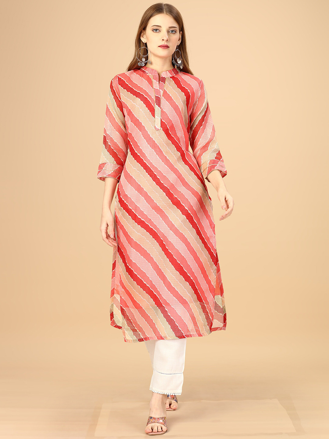 

heemara Striped Mandarin Collar Dobby Kurta, Red