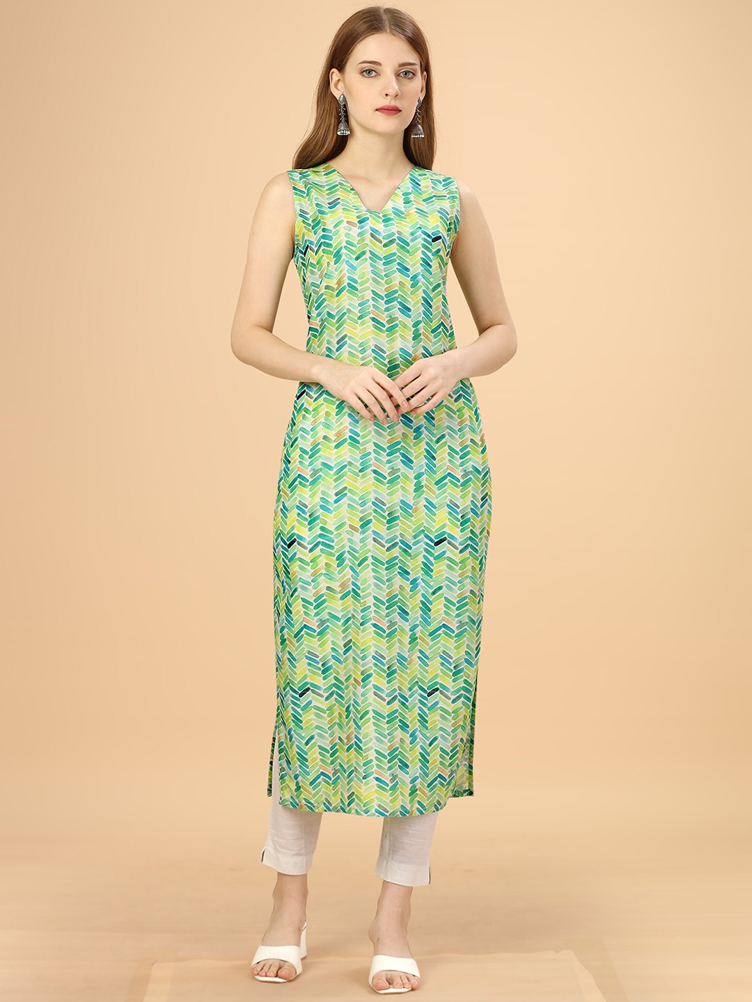 

heemara Abstract Printed V-Neck Sleeveless Kurta, Off white