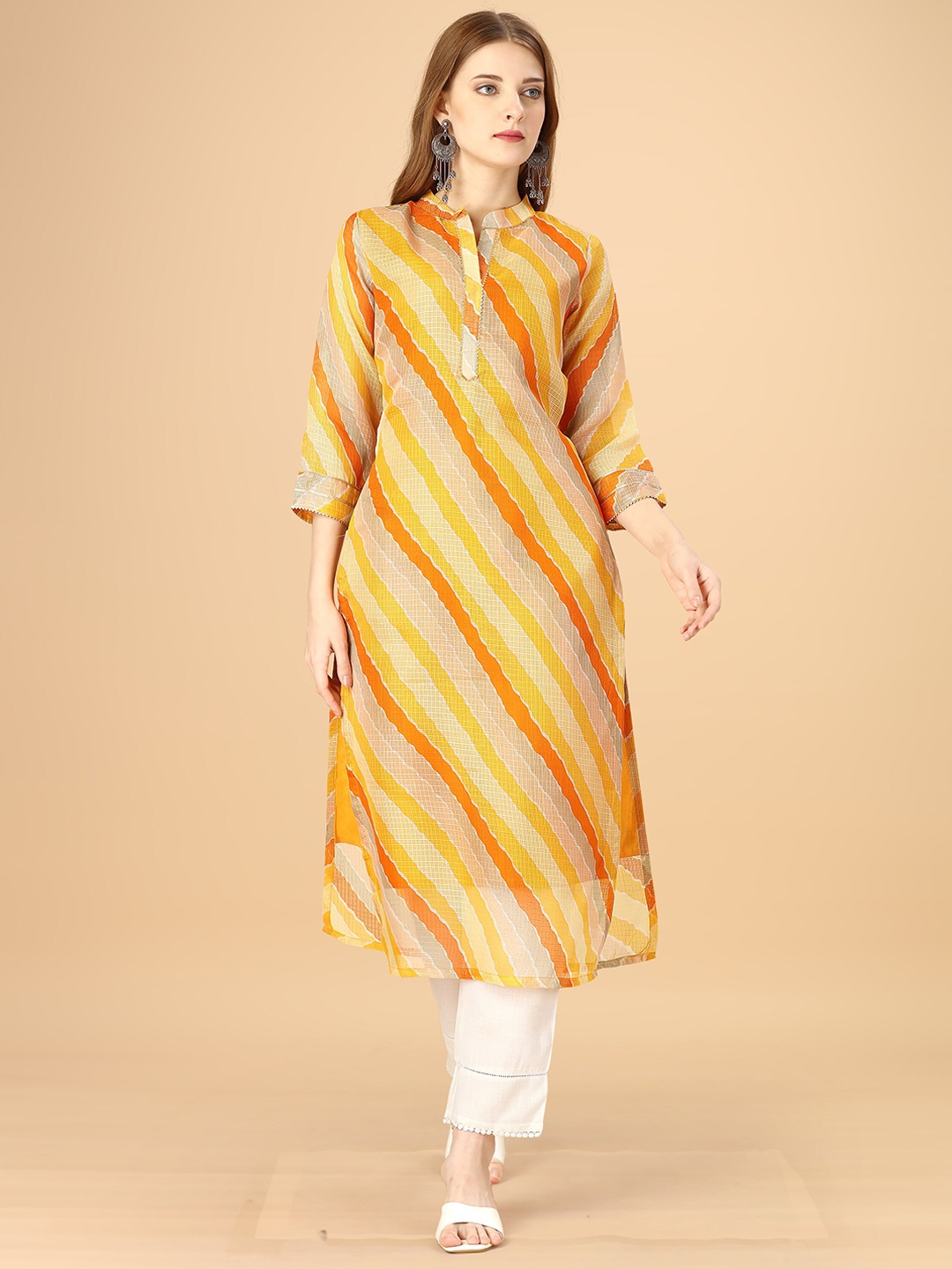 

heemara Leheriya Printed Mandarin Collar Dobby Kurta, Yellow