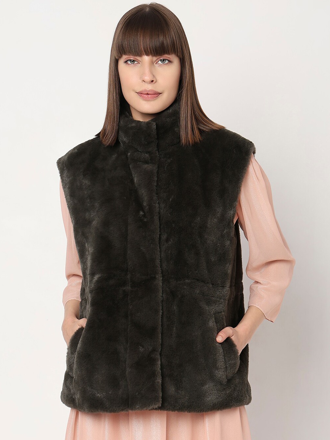 

Vero Moda Stand Collar Faux Fur Trim Tailored Jacket, Green