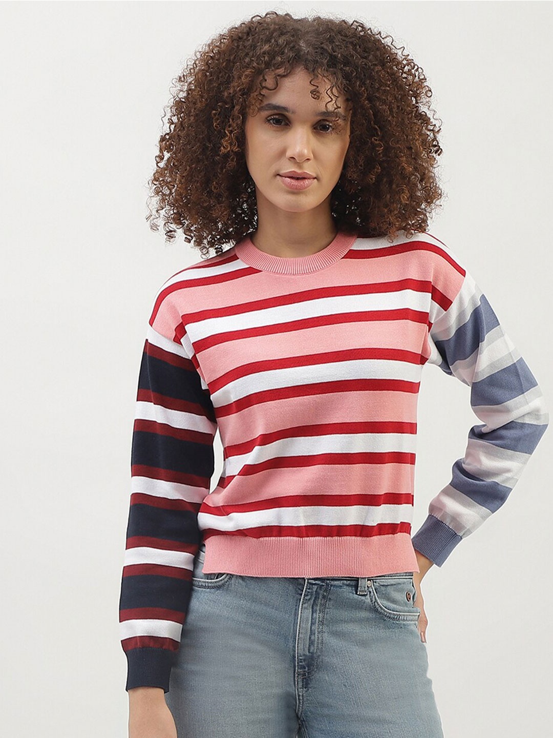 United Colors of Benetton Striped Round Neck Cotton Pullover, Red