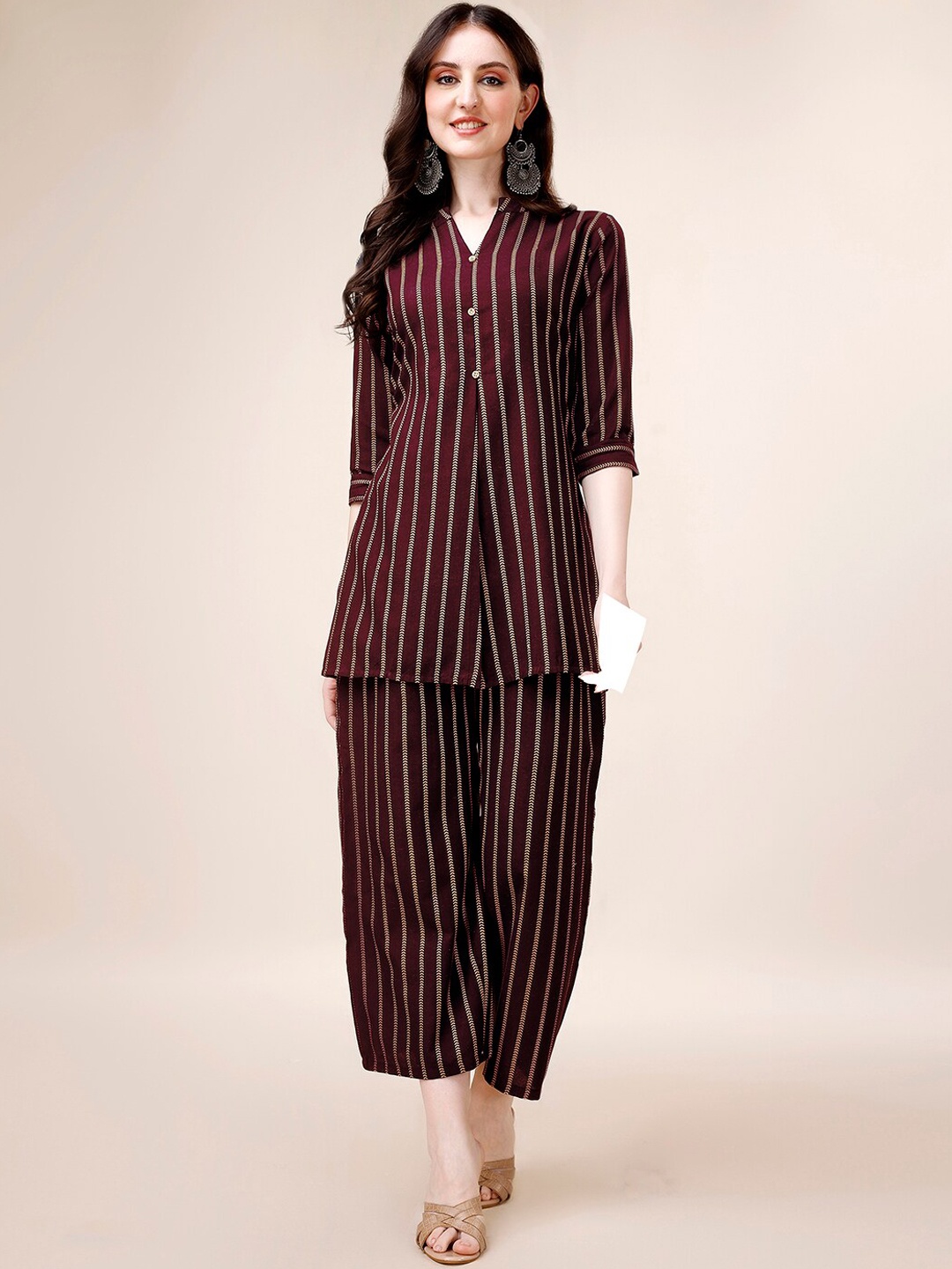 

Amrutam Fab Striped Pure Cotton A Line Kurti With Palazzos, Maroon