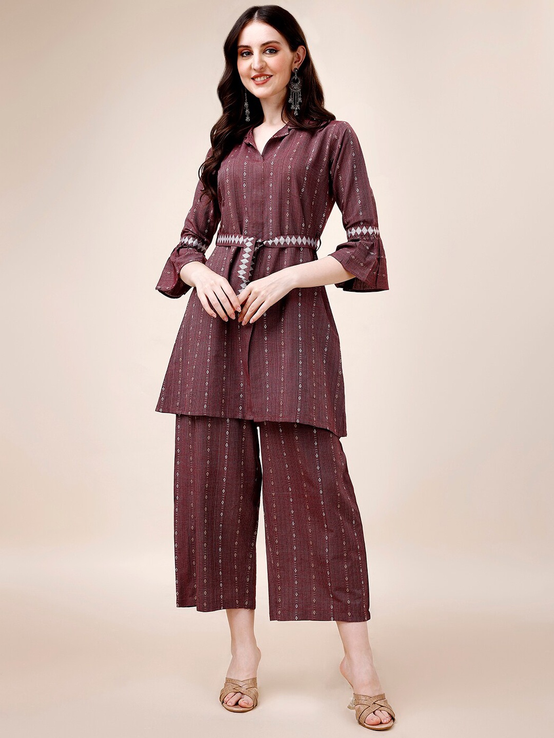 

Amrutam Fab Ethnic Motifs Printed Belted Pure Cotton A Line Kurti With Palazzos, Maroon