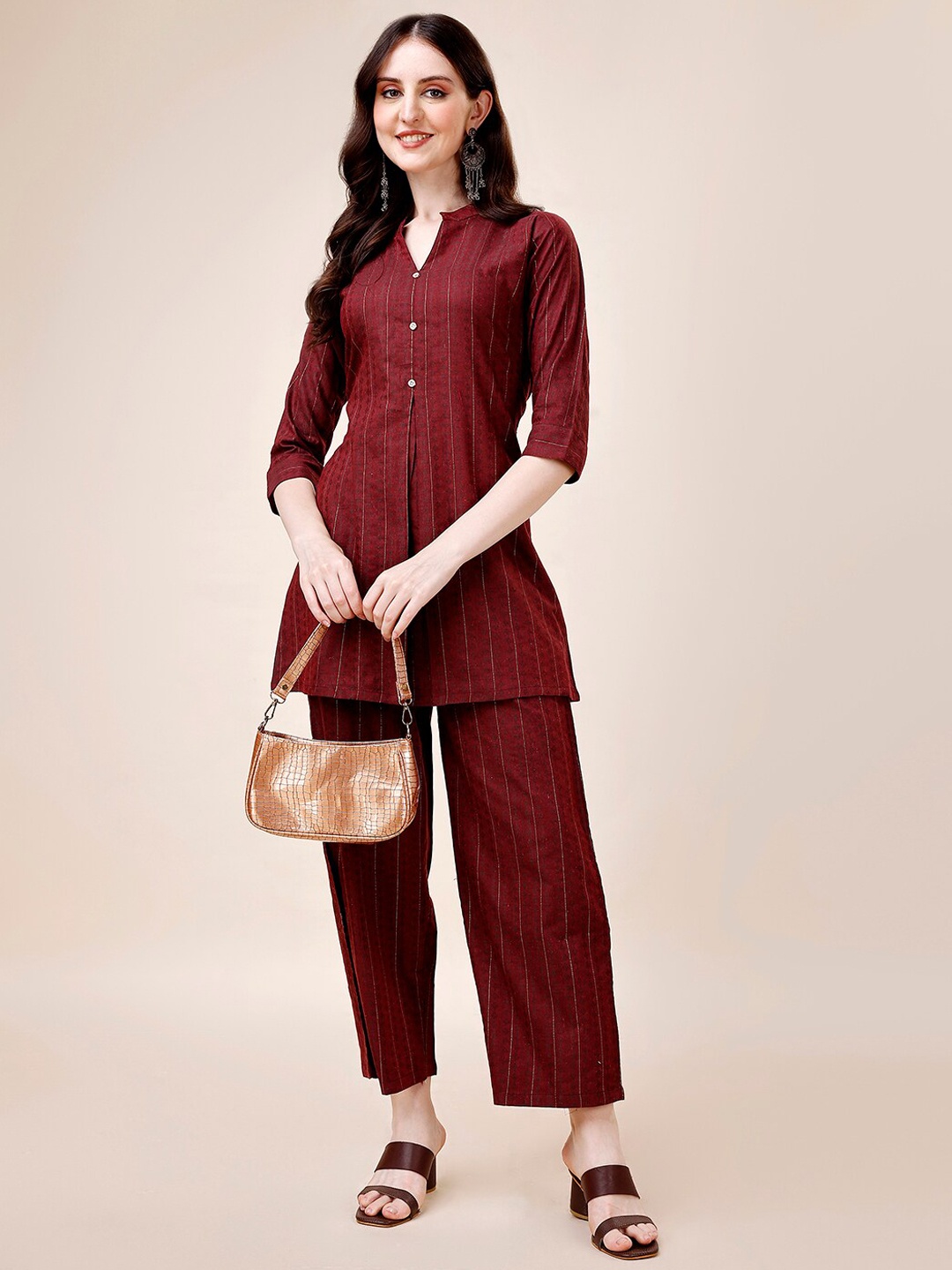 

Amrutam Fab Ethnic Motifs Printed Pure Cotton A Line Kurti With Palazzos, Maroon