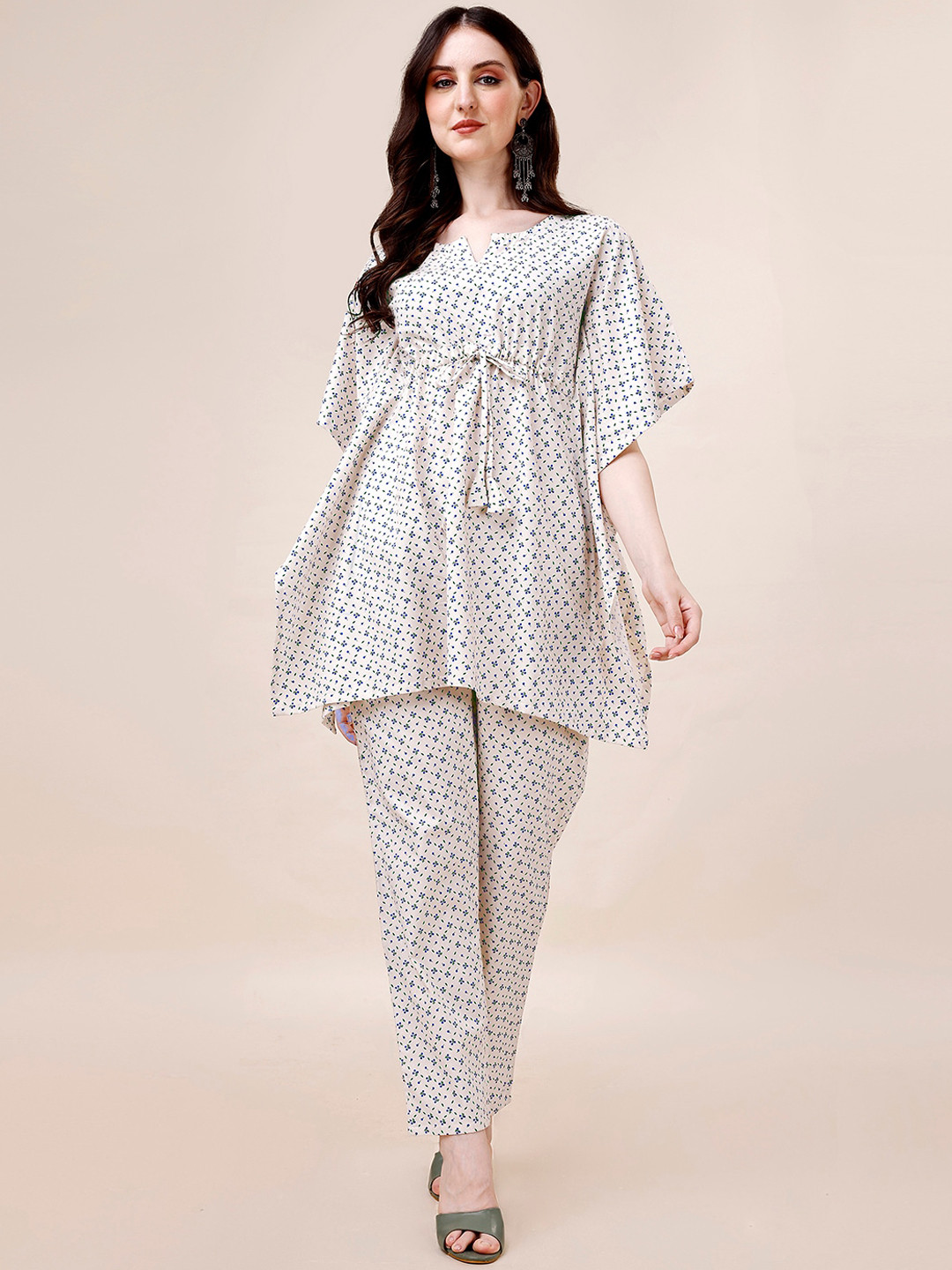

Amrutam Fab Floral Printed Pure Cotton Kaftan Kurta With Trousers, Cream