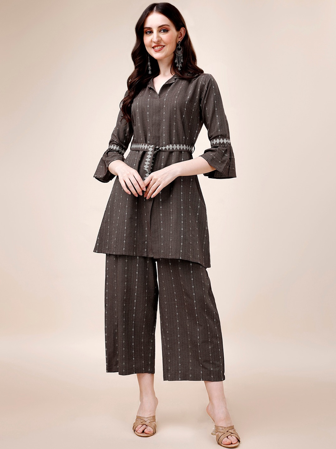 

Amrutam Fab Ethnic Motifs Printed Belted Pure Cotton A Line Kurta With Palazzos, Brown